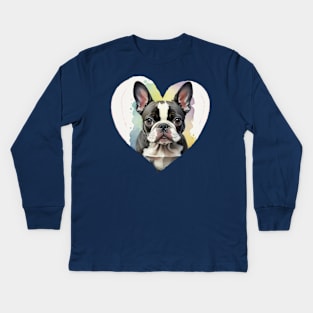 Cute Boston Terrier Watercolor Heart Kids Long Sleeve T-Shirt